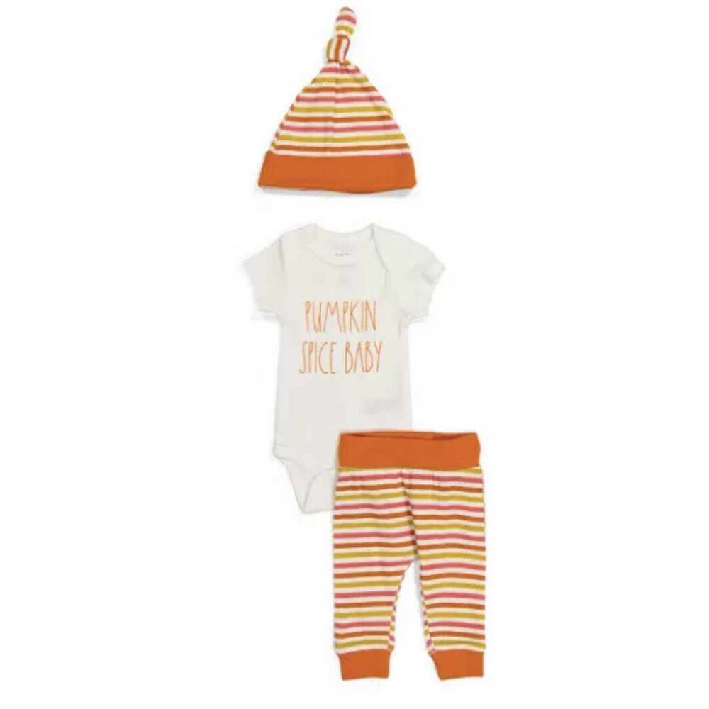 NWT RAE DUNN BABY 6-9 MONTHS PUMPKIN SPICE BABY SET Pants‎ Hat Fall Gift